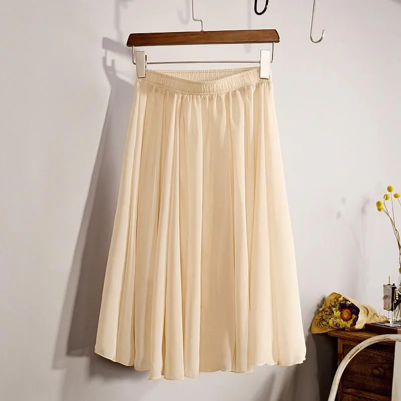 Fashion Women's Elegant 23 Color High Waist Chiffon Pleated Midi Skirt Ladies Casual Slim Beach Skater Skirts Saia SK17