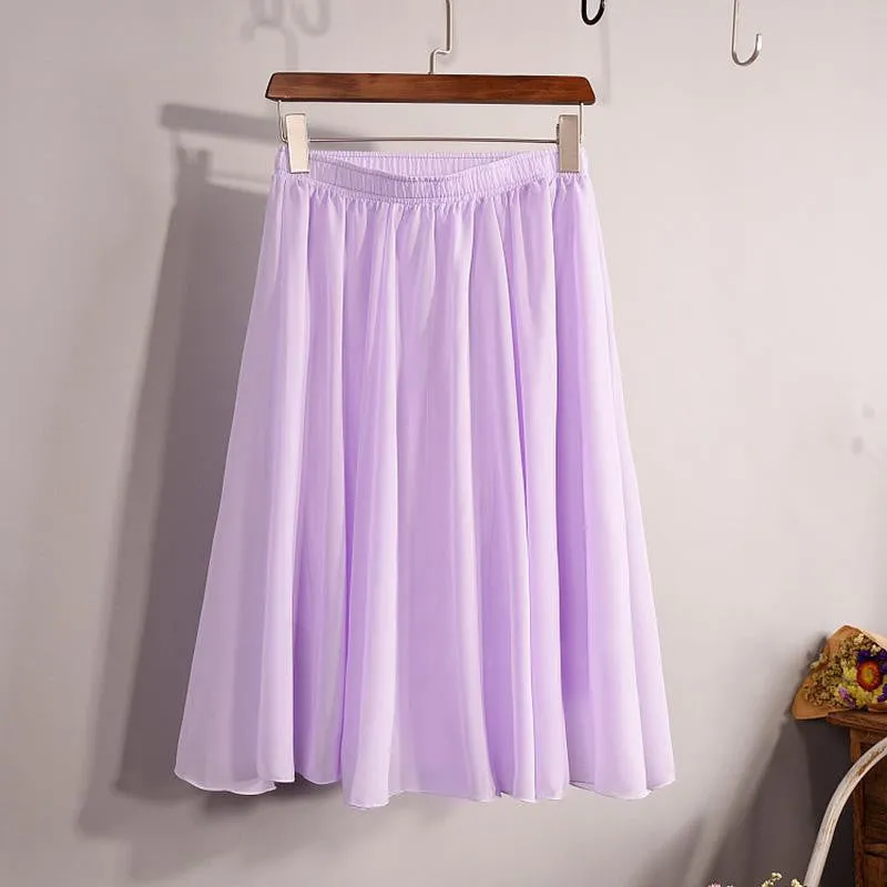 Fashion Women's Elegant 23 Color High Waist Chiffon Pleated Midi Skirt Ladies Casual Slim Beach Skater Skirts Saia SK17