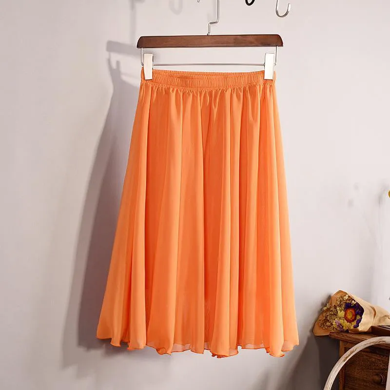 Fashion Women's Elegant 23 Color High Waist Chiffon Pleated Midi Skirt Ladies Casual Slim Beach Skater Skirts Saia SK17