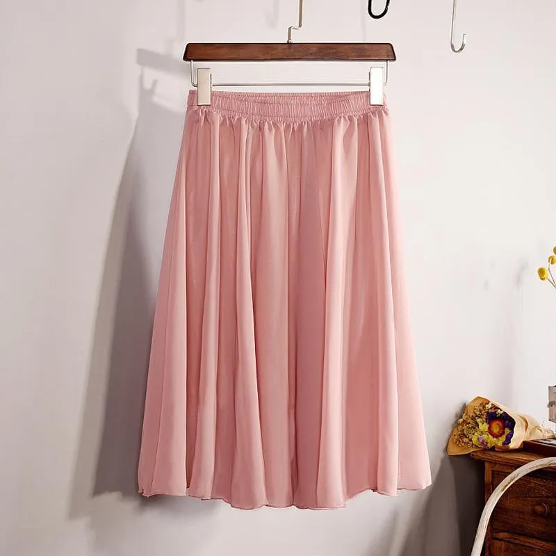 Fashion Women's Elegant 23 Color High Waist Chiffon Pleated Midi Skirt Ladies Casual Slim Beach Skater Skirts Saia SK17