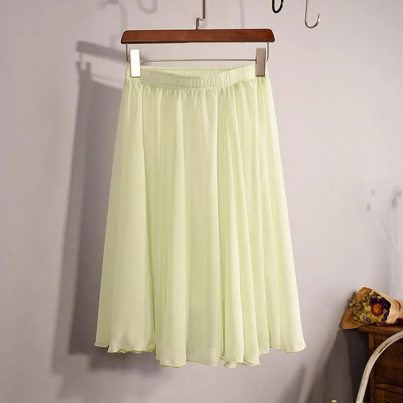 Fashion Women's Elegant 23 Color High Waist Chiffon Pleated Midi Skirt Ladies Casual Slim Beach Skater Skirts Saia SK17