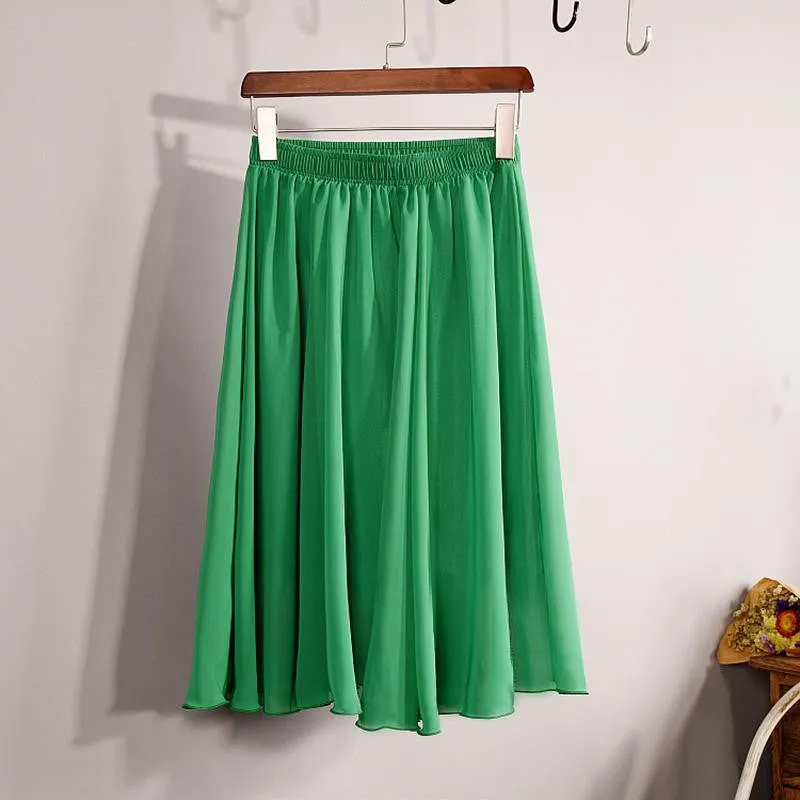 Fashion Women's Elegant 23 Color High Waist Chiffon Pleated Midi Skirt Ladies Casual Slim Beach Skater Skirts Saia SK17