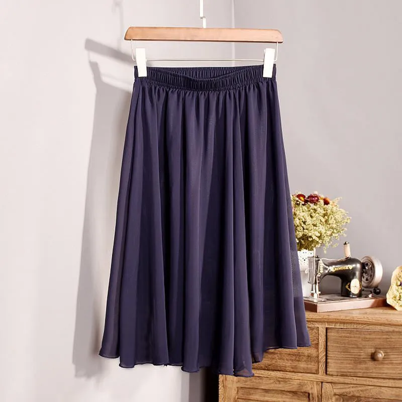Fashion Women's Elegant 23 Color High Waist Chiffon Pleated Midi Skirt Ladies Casual Slim Beach Skater Skirts Saia SK17