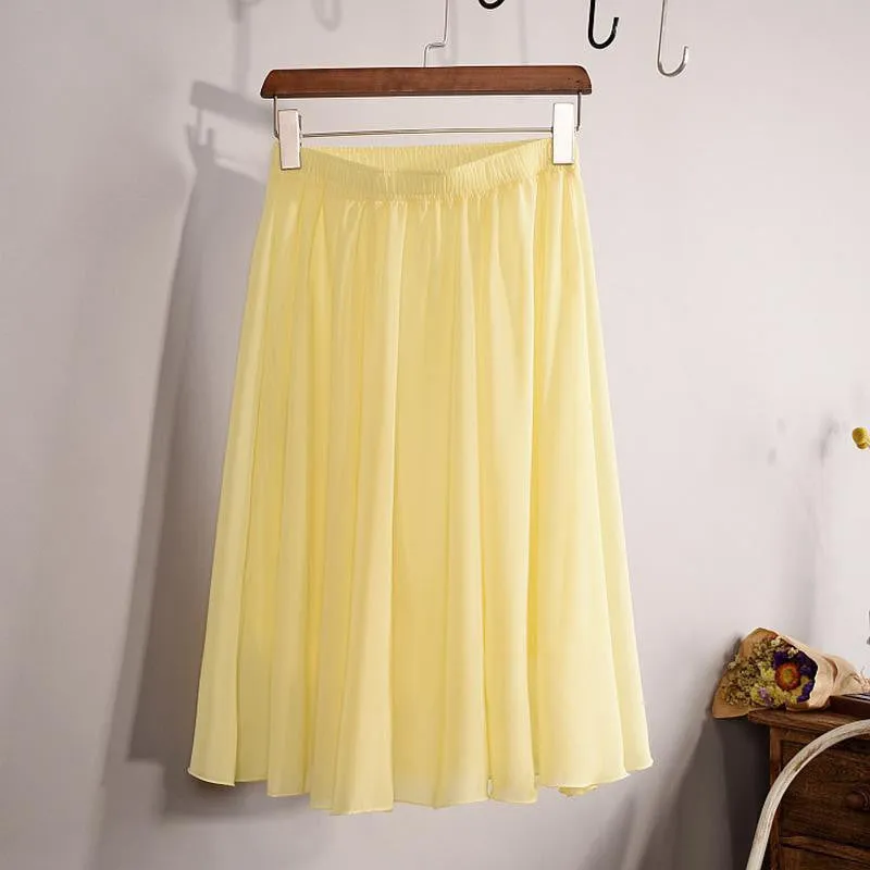 Fashion Women's Elegant 23 Color High Waist Chiffon Pleated Midi Skirt Ladies Casual Slim Beach Skater Skirts Saia SK17
