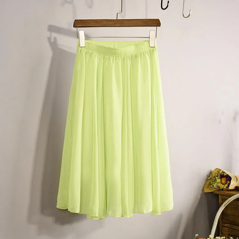 Fashion Women's Elegant 23 Color High Waist Chiffon Pleated Midi Skirt Ladies Casual Slim Beach Skater Skirts Saia SK17