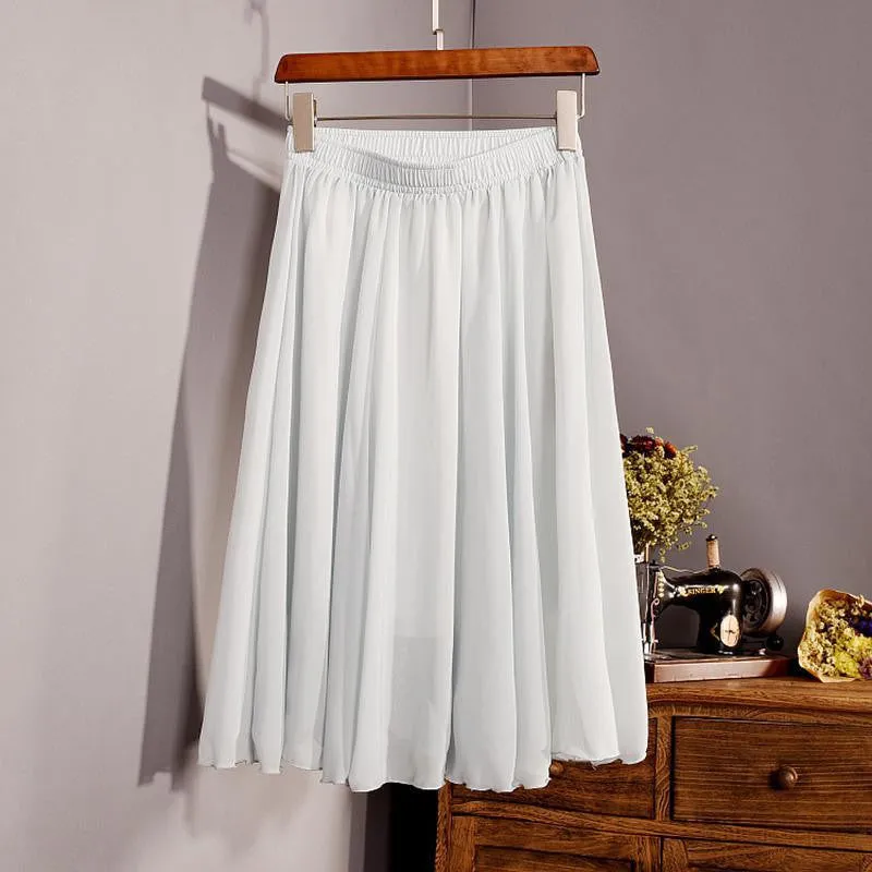 Fashion Women's Elegant 23 Color High Waist Chiffon Pleated Midi Skirt Ladies Casual Slim Beach Skater Skirts Saia SK17