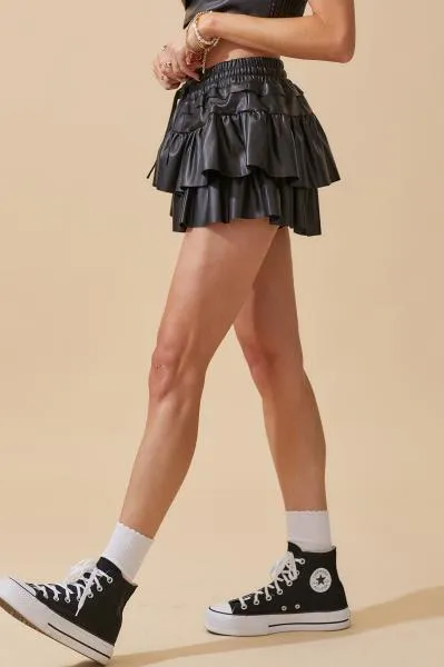 Faux Leather Flounce Skirt - Black -