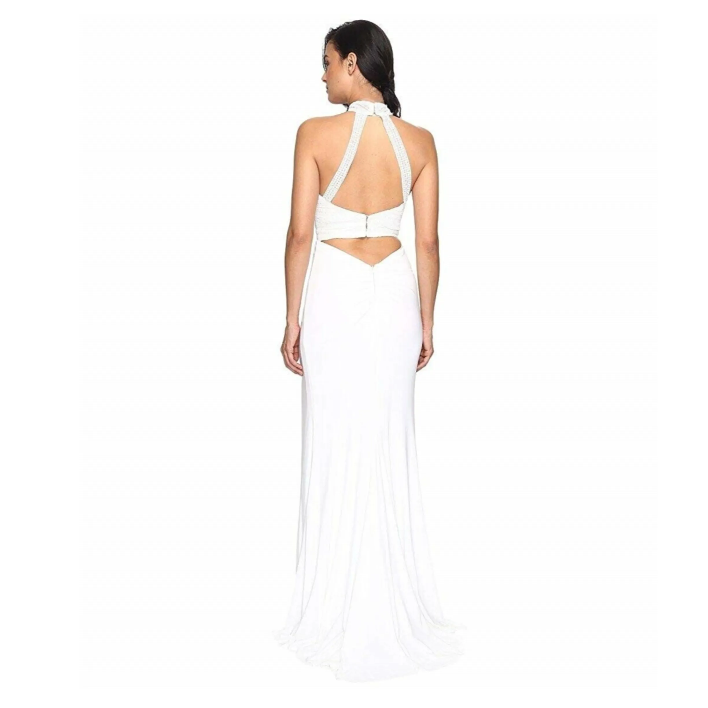 FAVIANA COUTURE 243295 White Ivory Ruched Lace Halter High Slit Dress Size 2