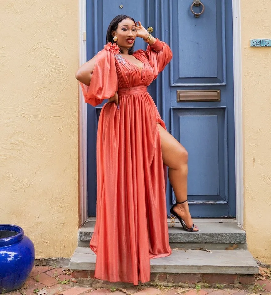 FINAL SALE! Annabelle Luxe- Shimmers Lantern Sleeve Dress (CLEARANCE OUTLET! Final Sale/No Return/No Exchange!)