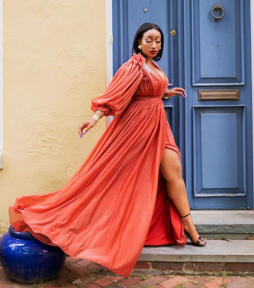 FINAL SALE! Annabelle Luxe- Shimmers Lantern Sleeve Dress (CLEARANCE OUTLET! Final Sale/No Return/No Exchange!)