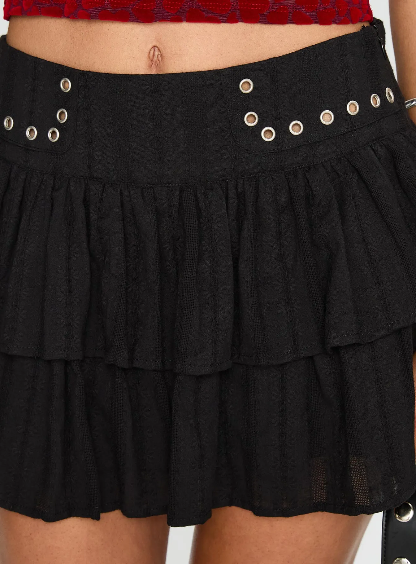 Fire Sign Studded Tiered Mini Skirt Black