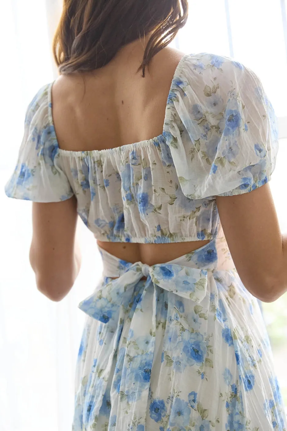 Floral Corset Detail Back Tie Mini Dress-Blue Multi