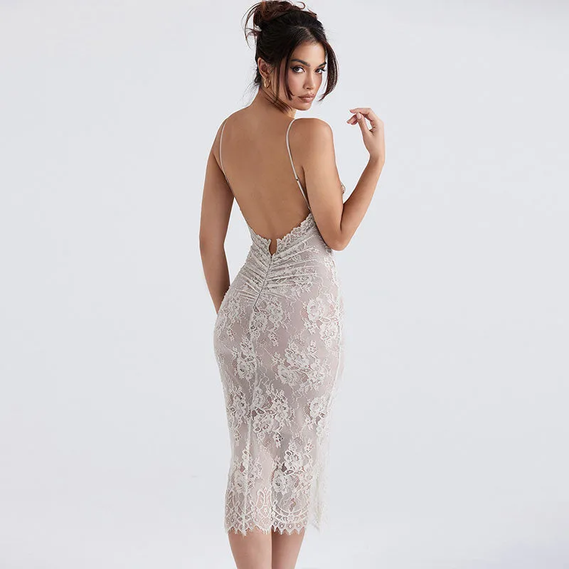 Floral Lace Ruched Trim Open Back Bodycon Slip Cocktail Midi Dress - White