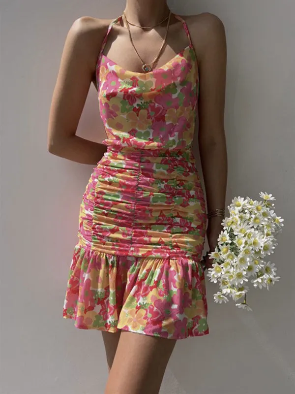 Floral Print Mini Dress with Ruched Body and Cowl Neckline