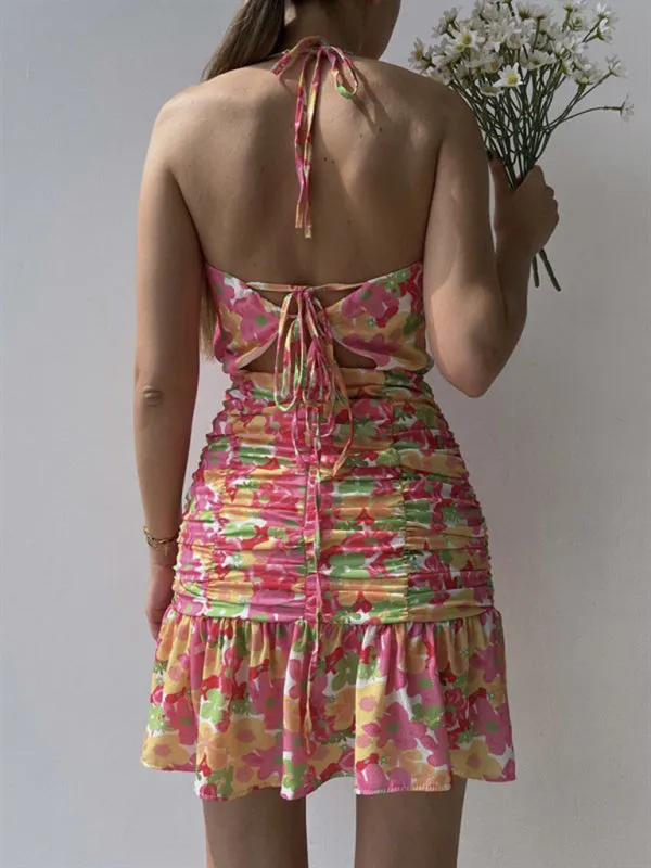 Floral Print Mini Dress with Ruched Body and Cowl Neckline