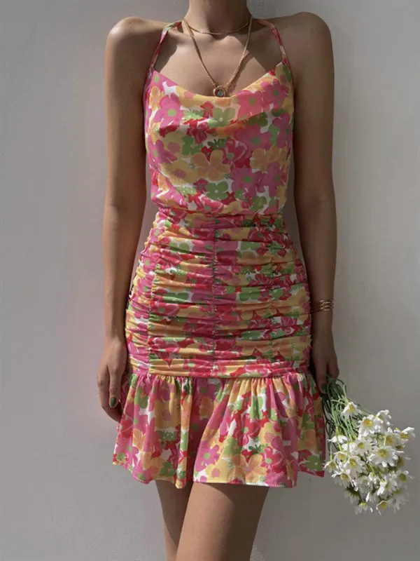 Floral Print Mini Dress with Ruched Body and Cowl Neckline
