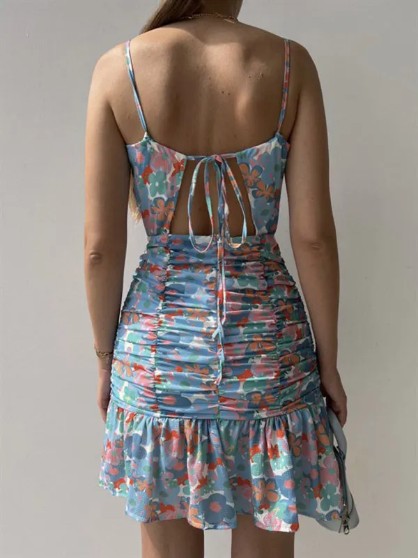 Floral Print Mini Dress with Ruched Body and Cowl Neckline