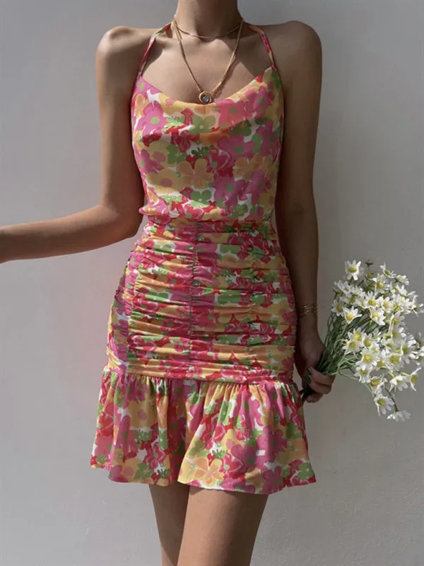 Floral Print Mini Dress with Ruched Body and Cowl Neckline
