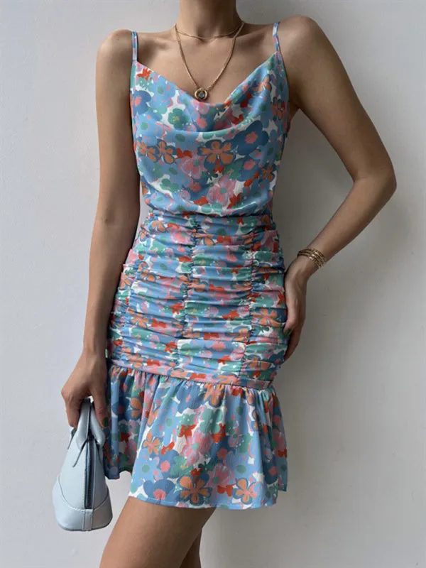 Floral Print Mini Dress with Ruched Body and Cowl Neckline