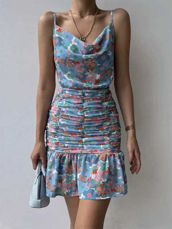 Floral Print Mini Dress with Ruched Body and Cowl Neckline