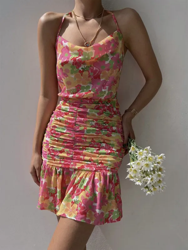 Floral Print Mini Dress with Ruched Body and Cowl Neckline