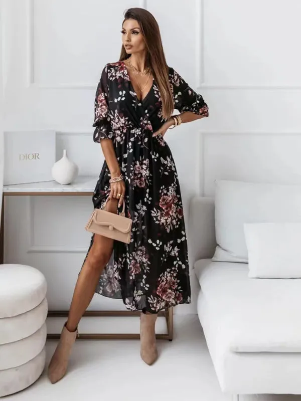 Floral Print V-neck Chiffon Dress with Wrap Design