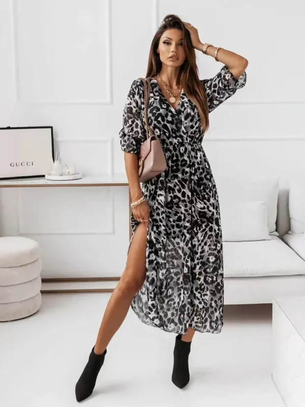 Floral Print V-neck Chiffon Dress with Wrap Design
