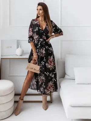 Floral Print V-neck Chiffon Dress with Wrap Design