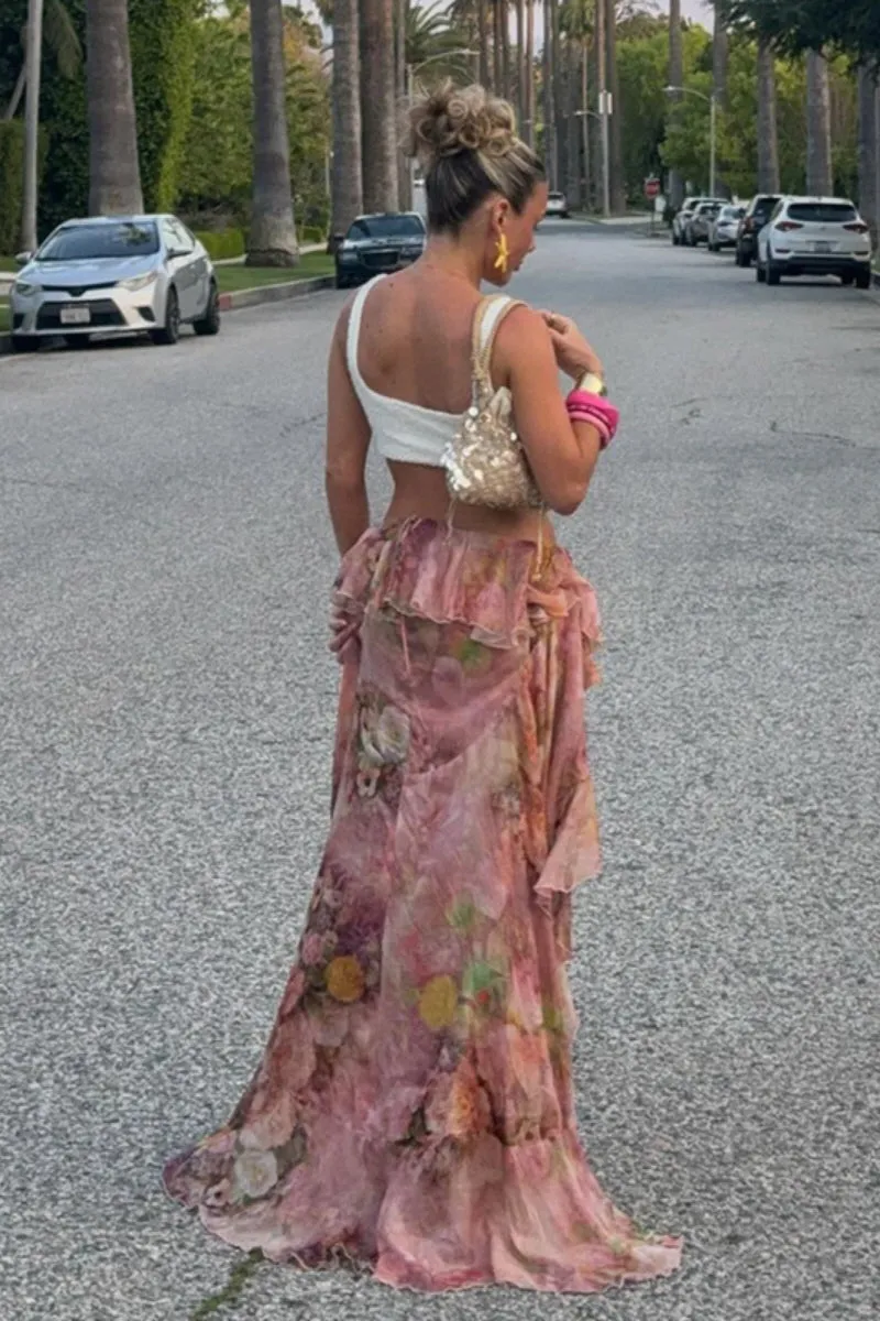Floral Ruffle Sheer Maxi Skirt