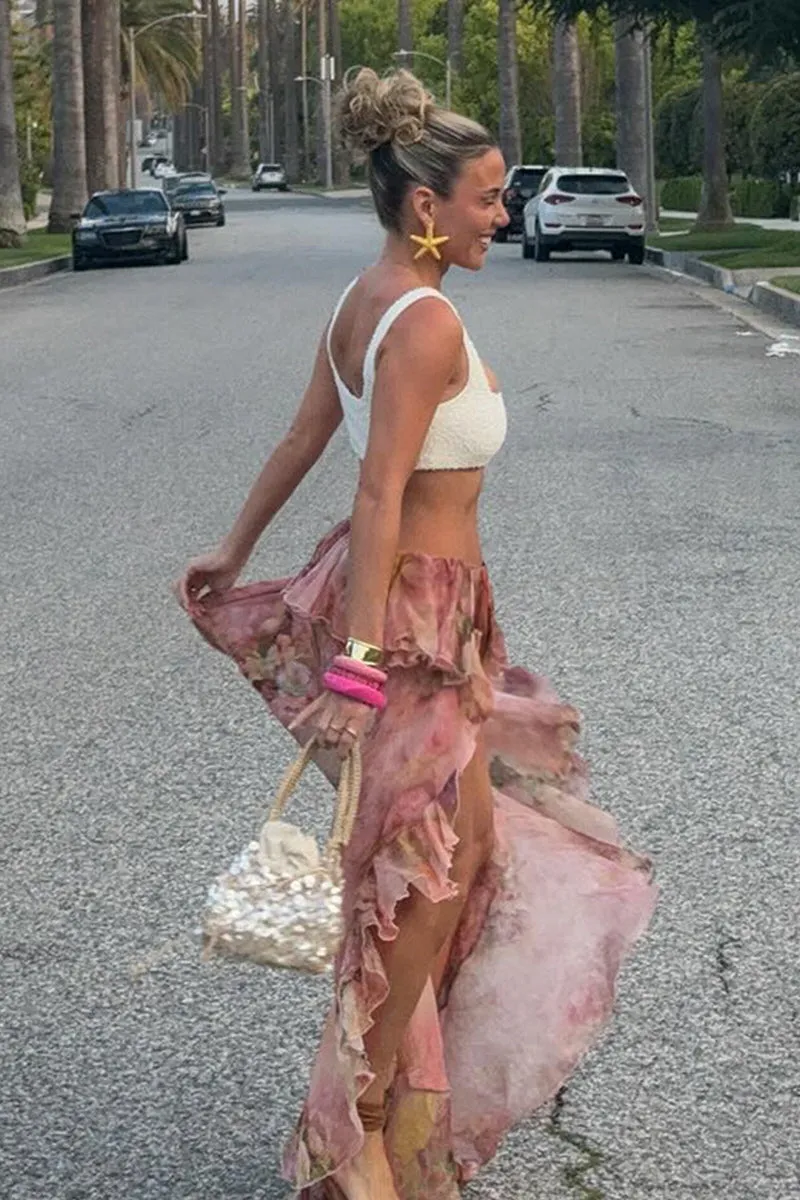Floral Ruffle Sheer Maxi Skirt