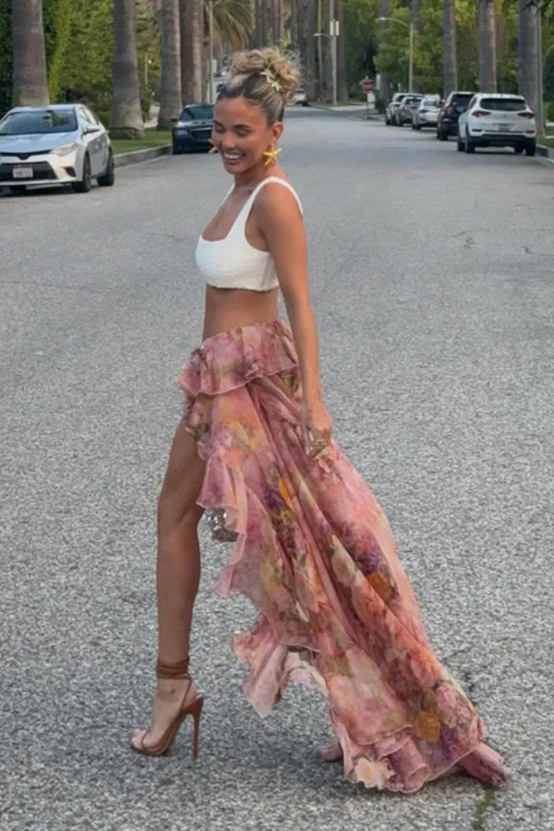 Floral Ruffle Sheer Maxi Skirt