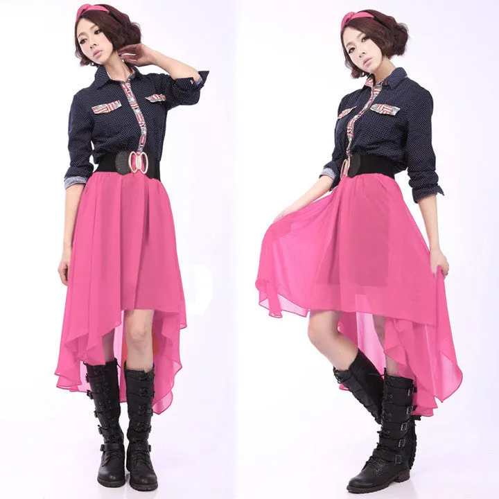 FNALA Women Fashion Chiffon Skirt Elastic Waist Skirts Asymmetrical Elastic Casual Waist Pleated Skirt 9 Colors
