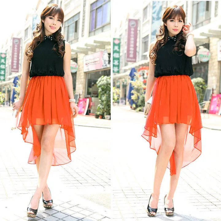 FNALA Women Fashion Chiffon Skirt Elastic Waist Skirts Asymmetrical Elastic Casual Waist Pleated Skirt 9 Colors