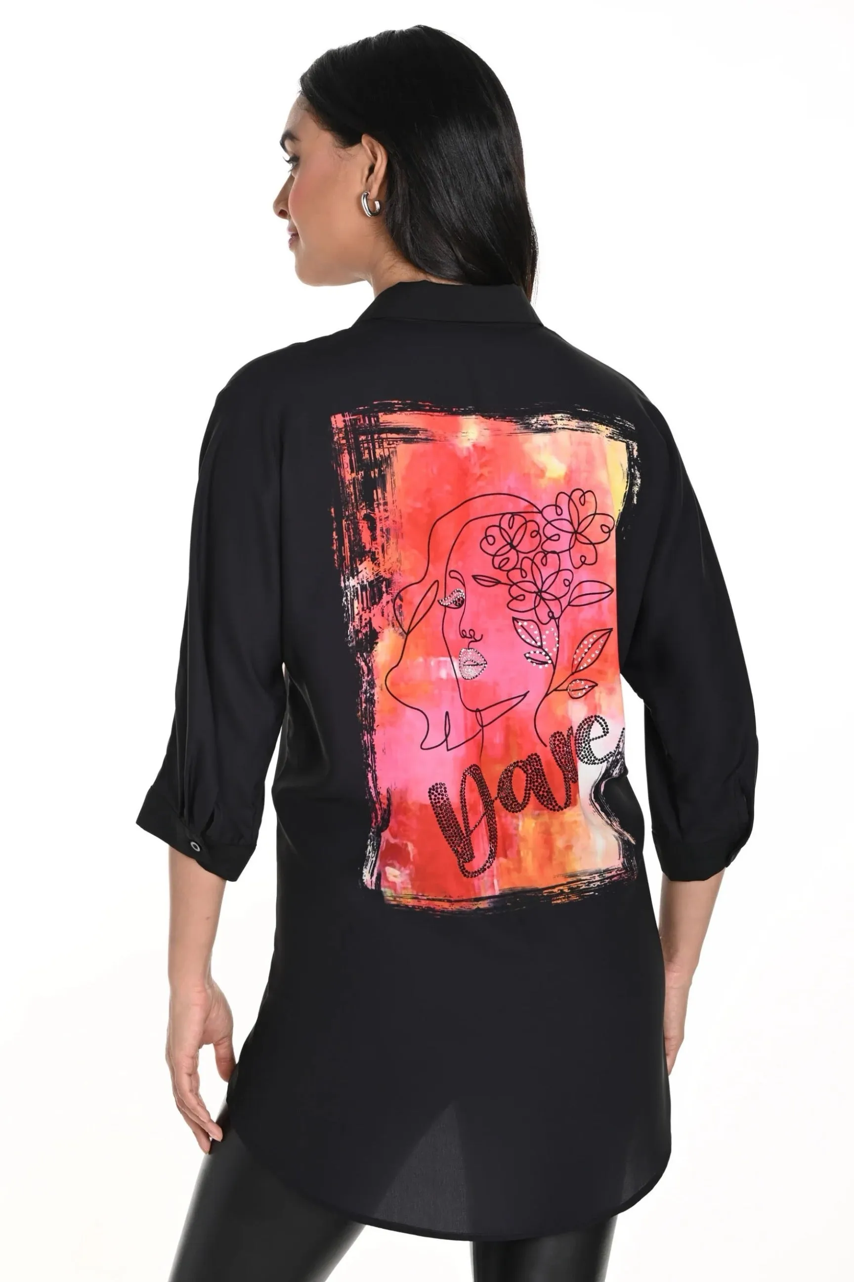 Frank Lyman Black/Orange Embellished High-Low Blouse 243488U VIP