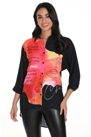Frank Lyman Black/Orange Embellished High-Low Blouse 243488U VIP