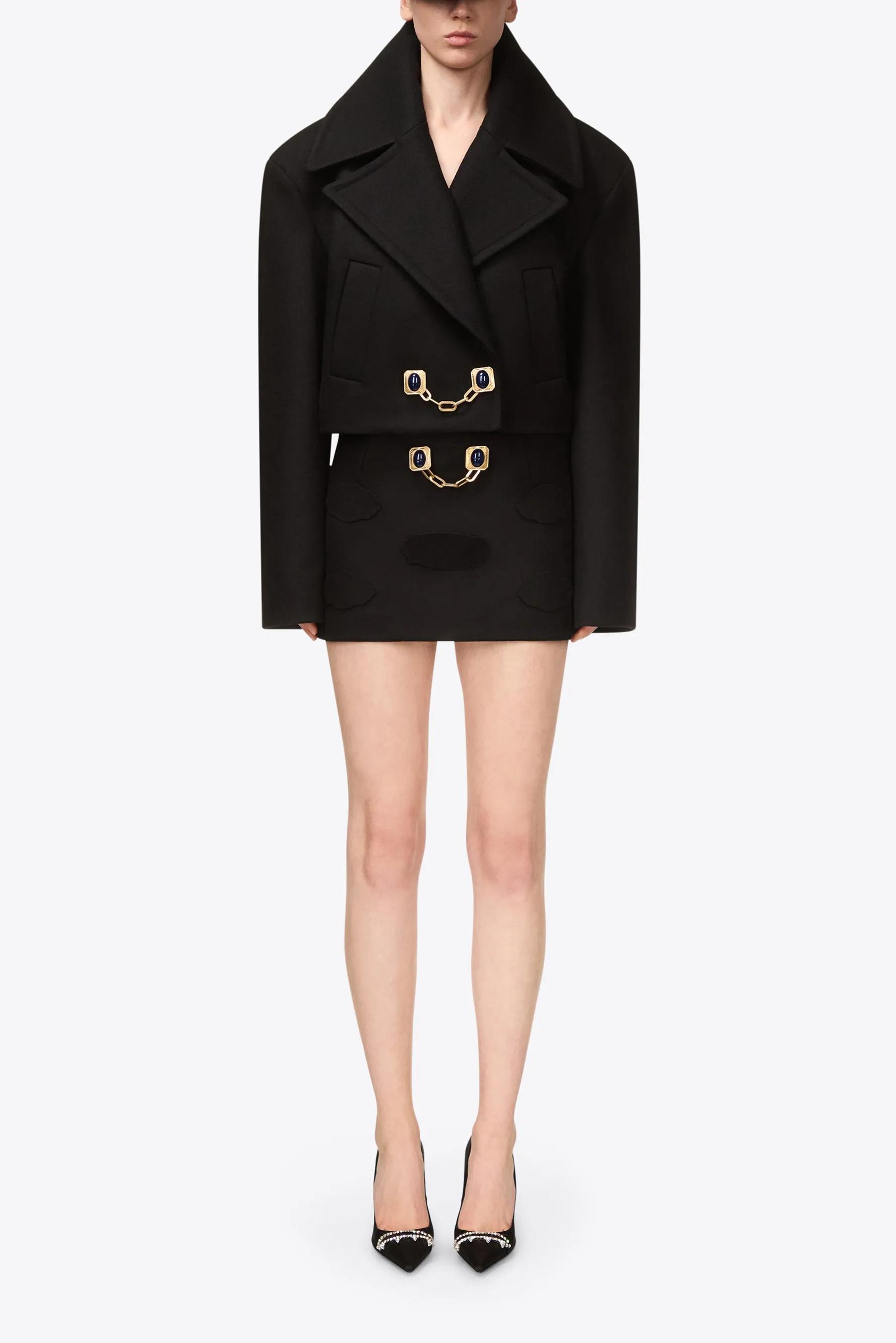 Gemstone Button Cropped Peacoat | Black