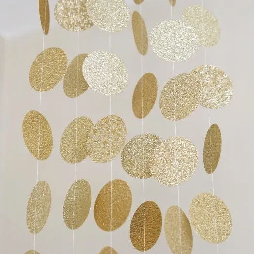 Gold Glitter Circle Polka Dots Paper Garland Banner 10 FT Banner, Celebration Party Decor