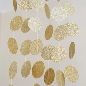 Gold Glitter Circle Polka Dots Paper Garland Banner 10 FT Banner, Celebration Party Decor