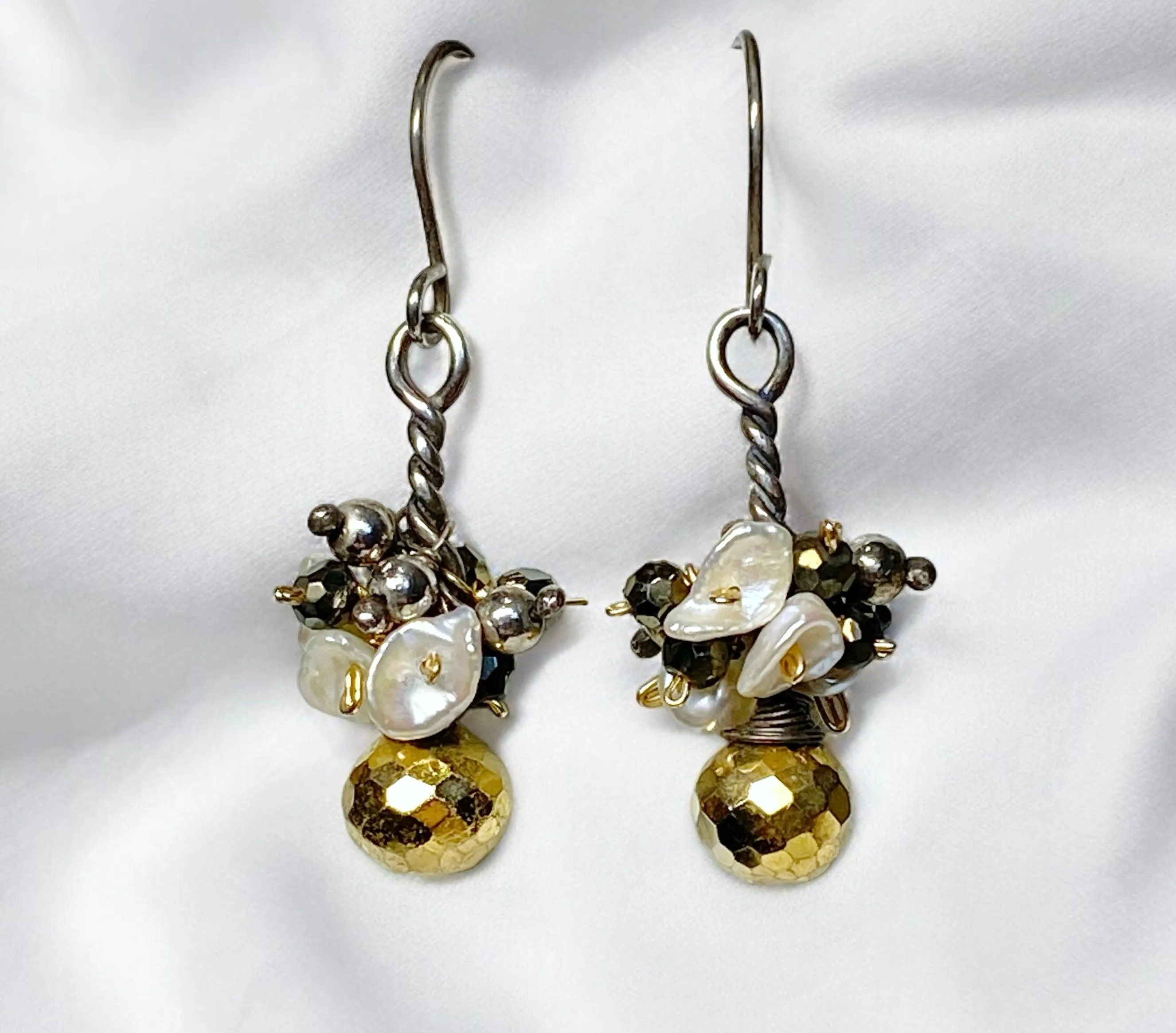 Gold Pyrite Mixed Metal Dangle Earrings with Keishi Pearl Clusters