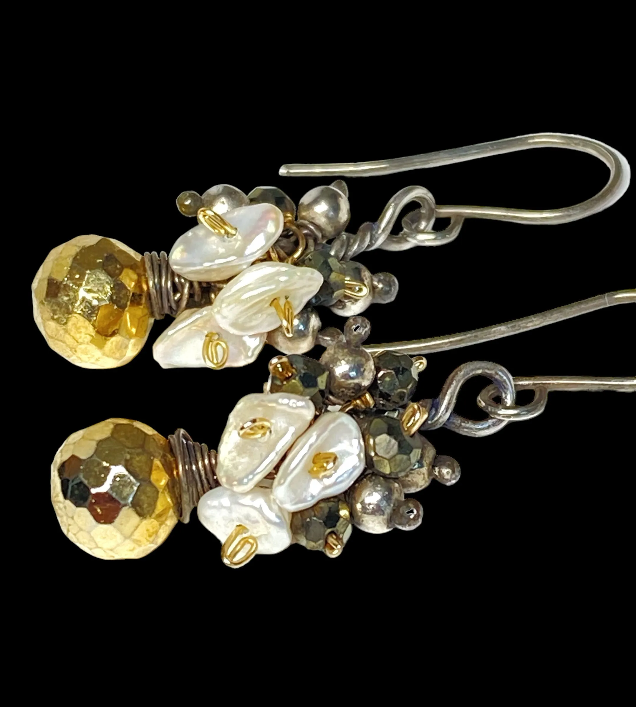 Gold Pyrite Mixed Metal Dangle Earrings with Keishi Pearl Clusters
