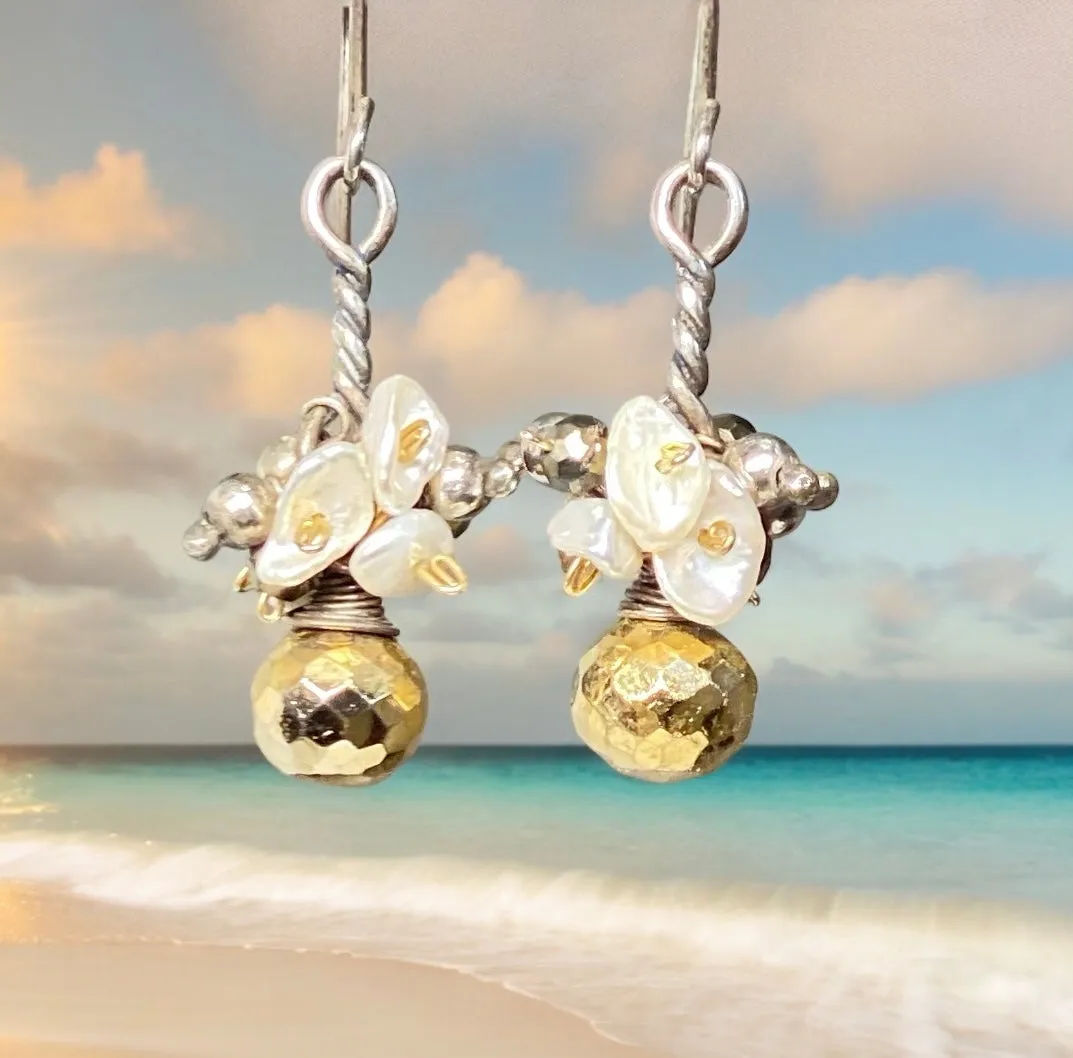 Gold Pyrite Mixed Metal Dangle Earrings with Keishi Pearl Clusters