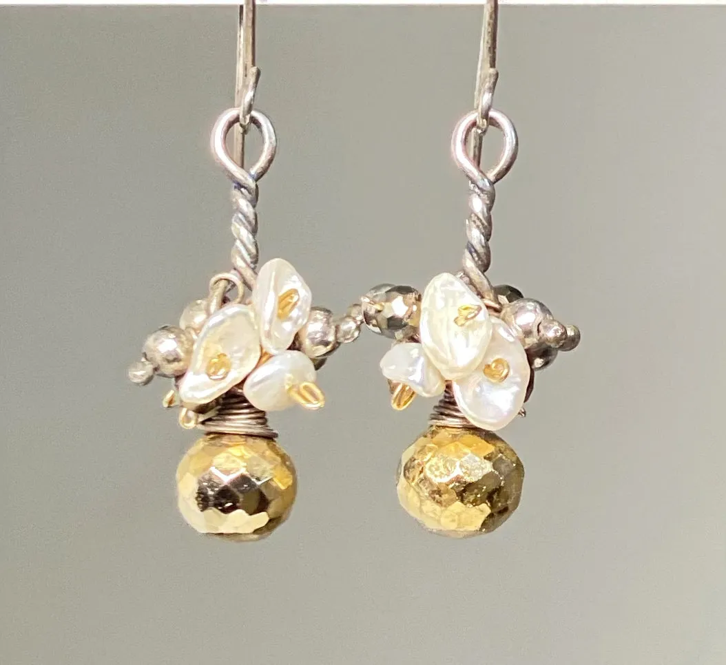 Gold Pyrite Mixed Metal Dangle Earrings with Keishi Pearl Clusters