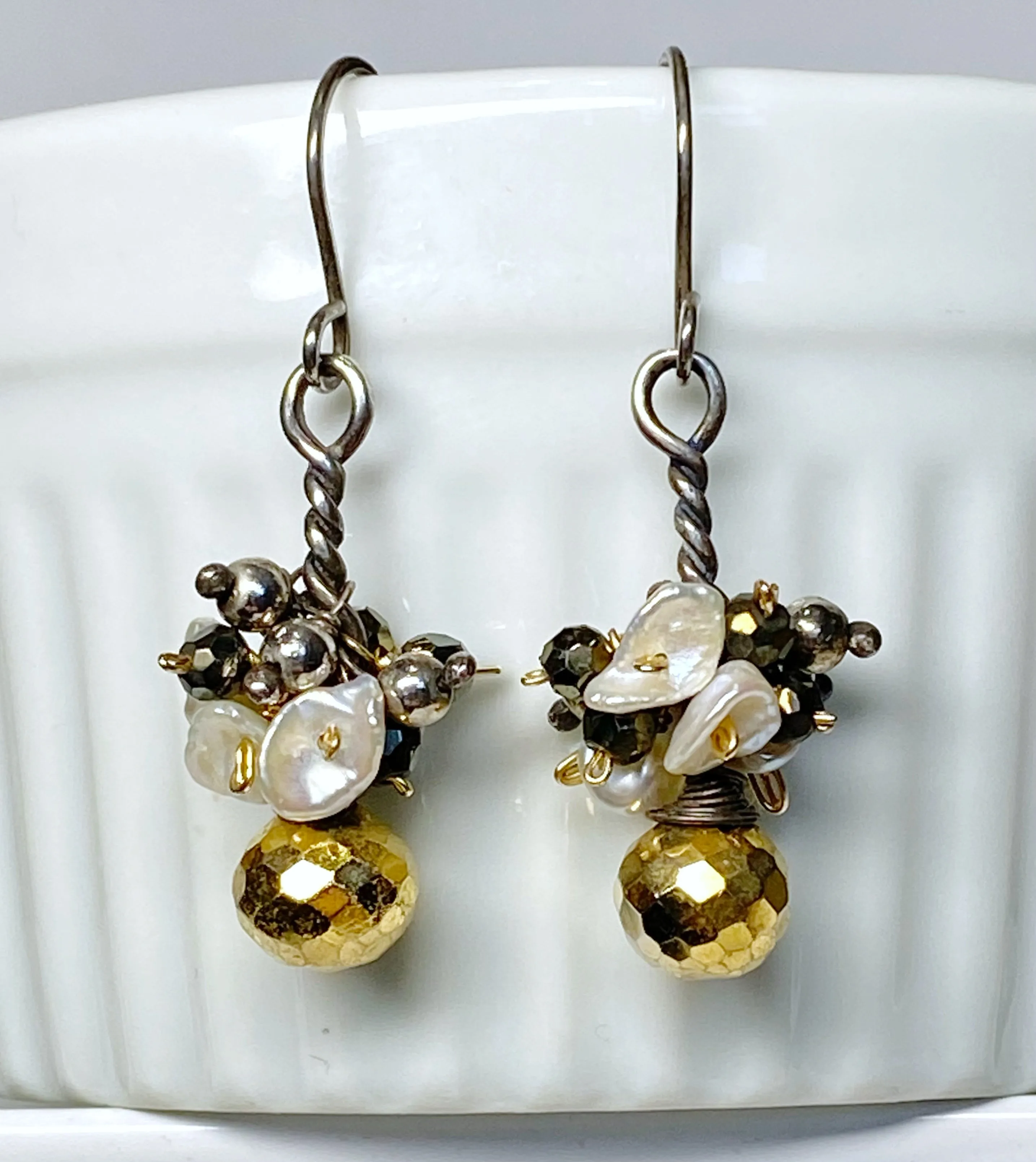 Gold Pyrite Mixed Metal Dangle Earrings with Keishi Pearl Clusters