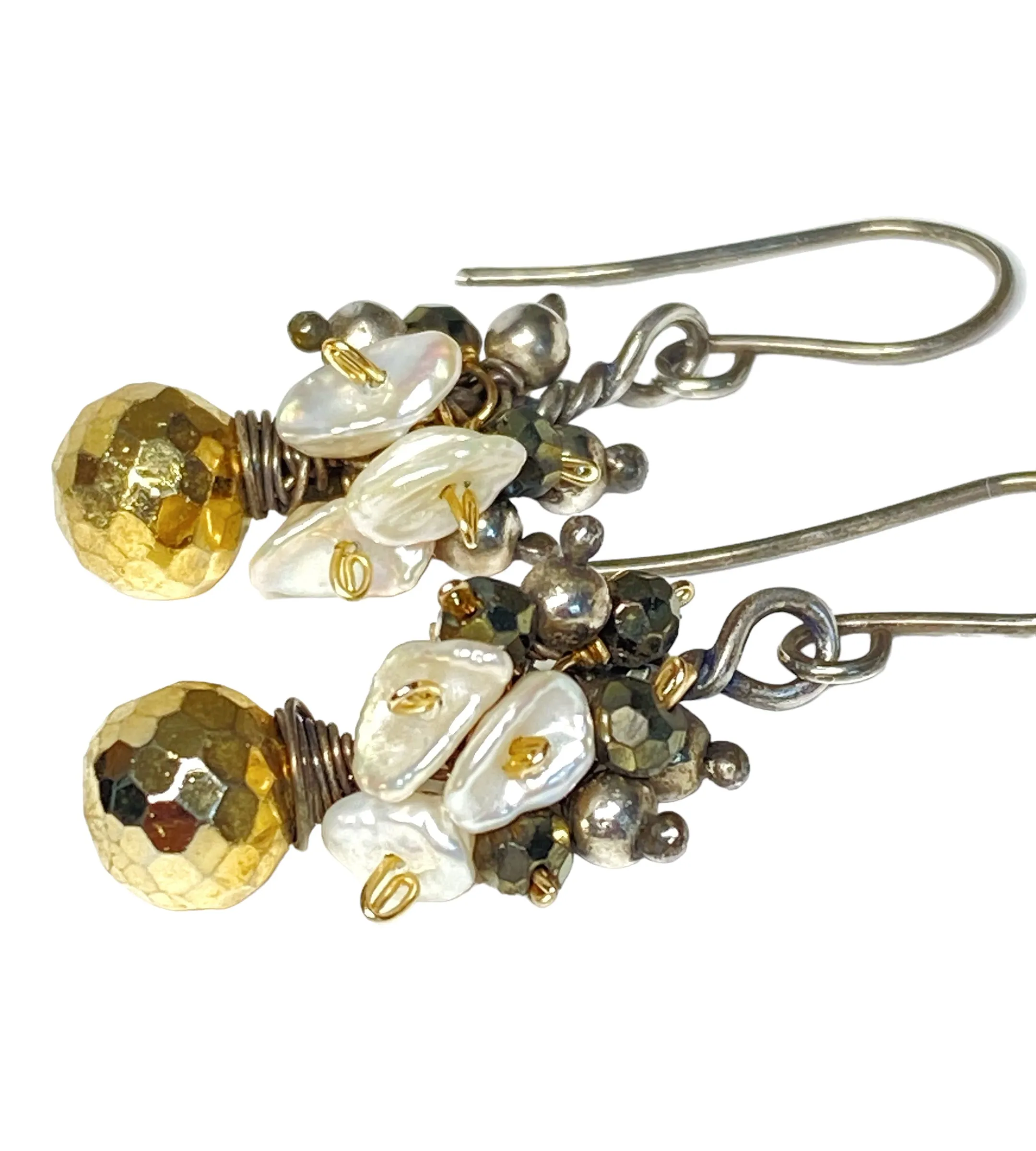 Gold Pyrite Mixed Metal Dangle Earrings with Keishi Pearl Clusters
