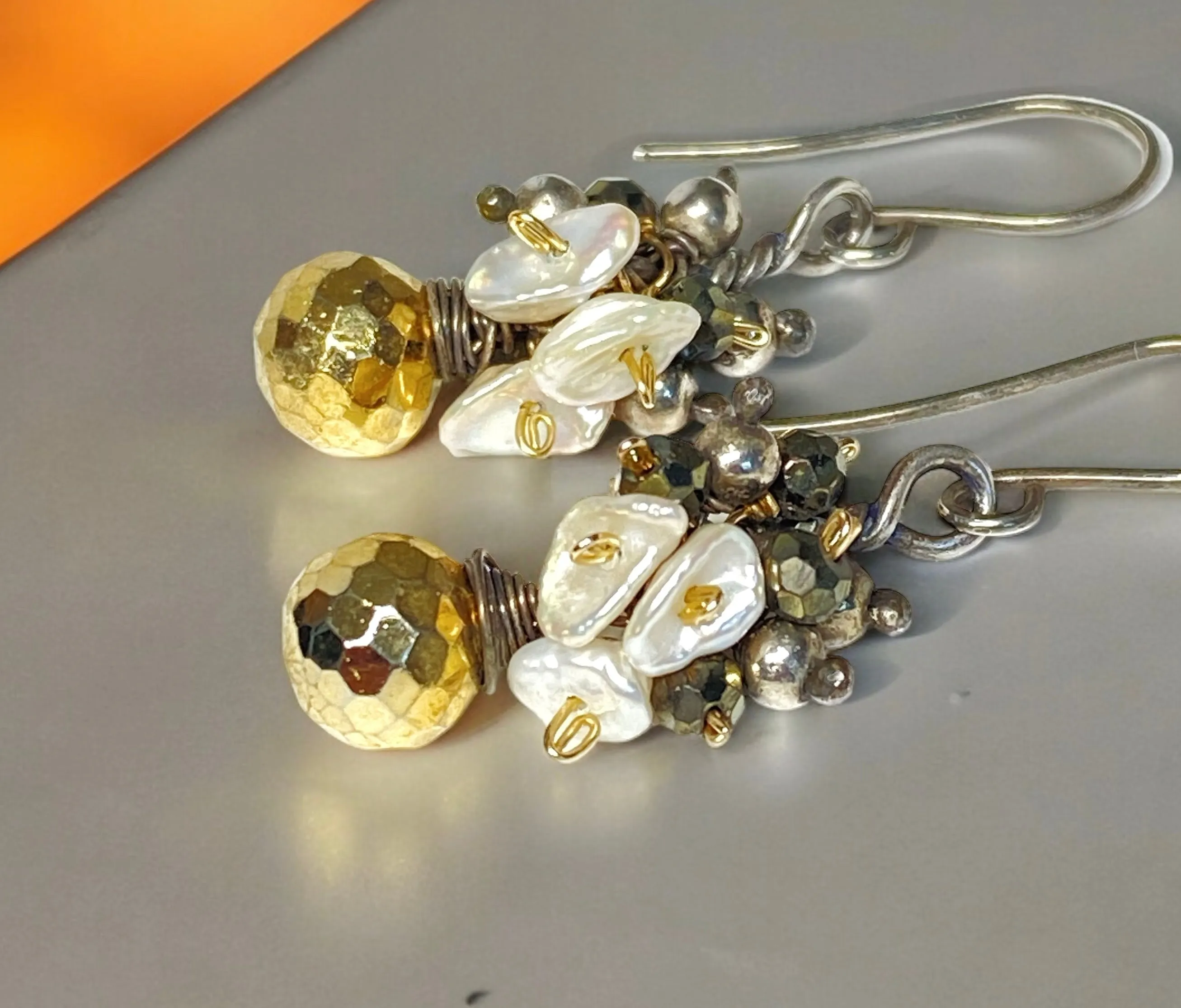 Gold Pyrite Mixed Metal Dangle Earrings with Keishi Pearl Clusters