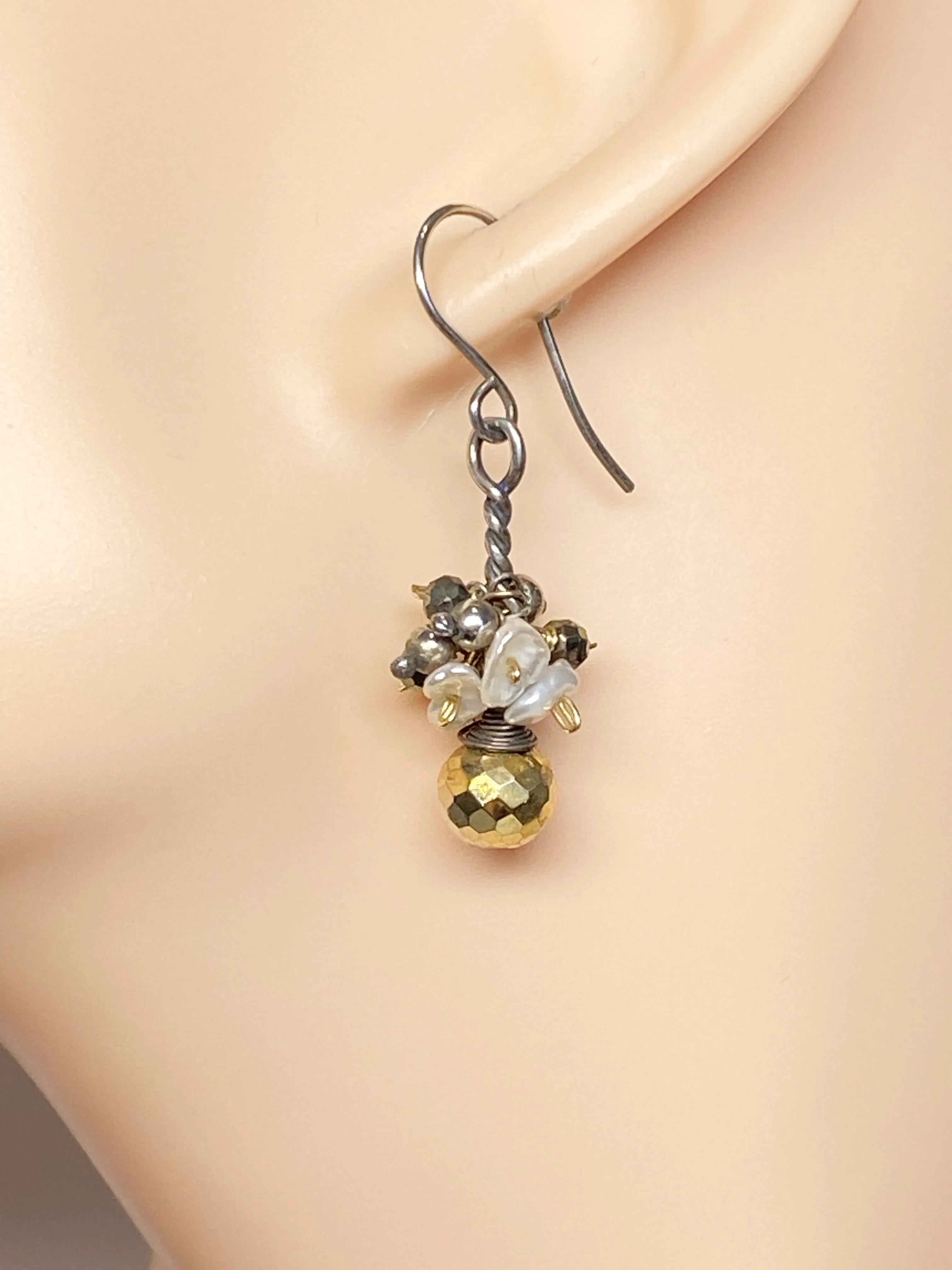 Gold Pyrite Mixed Metal Dangle Earrings with Keishi Pearl Clusters