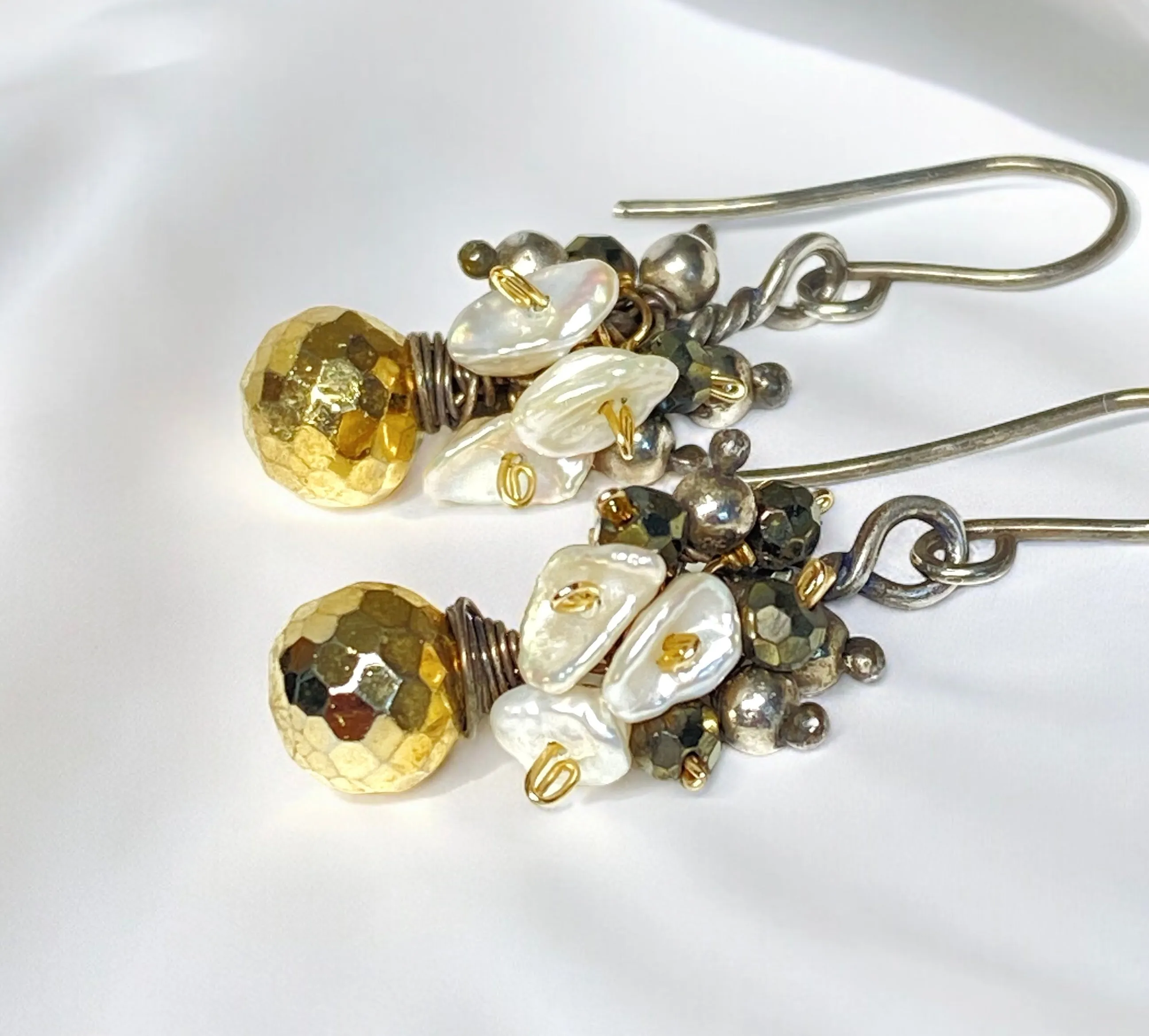 Gold Pyrite Mixed Metal Dangle Earrings with Keishi Pearl Clusters
