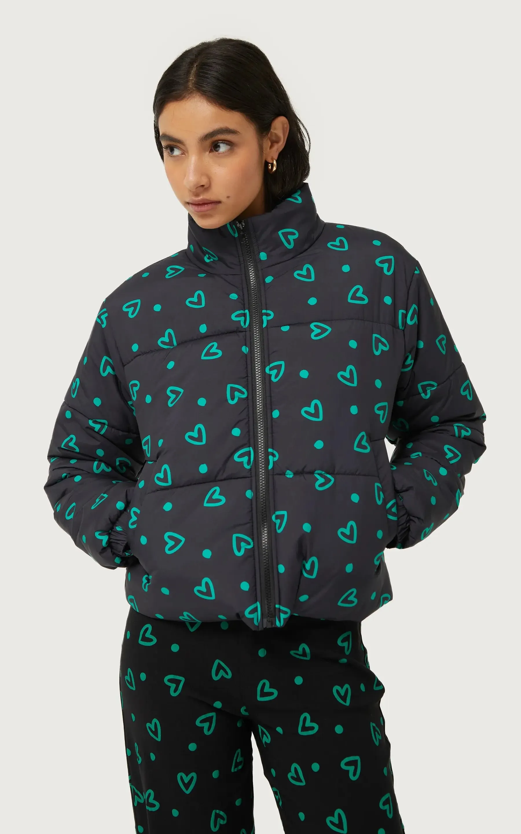 Green Heart Print Padded Coat