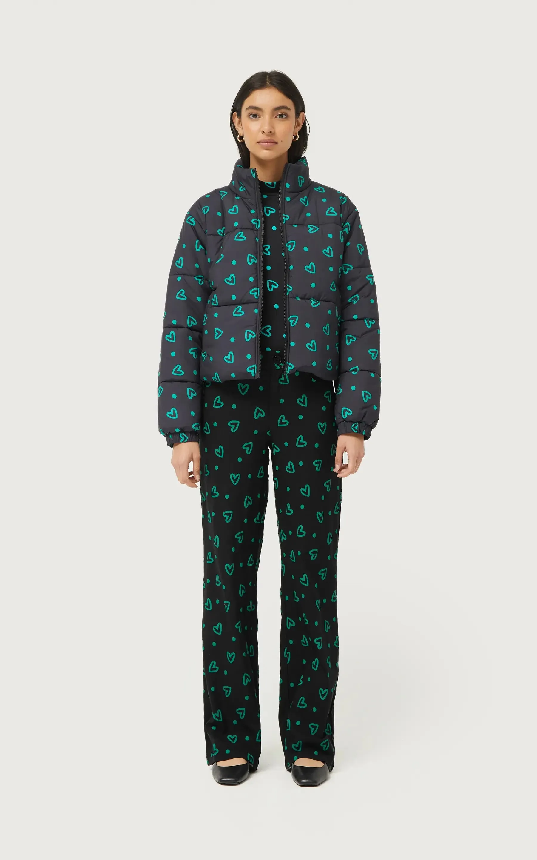 Green Heart Print Padded Coat