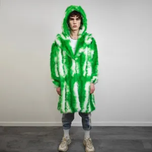 Green tie-dye coat faux fur neon shaggy trench abstract pattern overcoat bright rave bomber detachable festival jacket acid salad peacoat